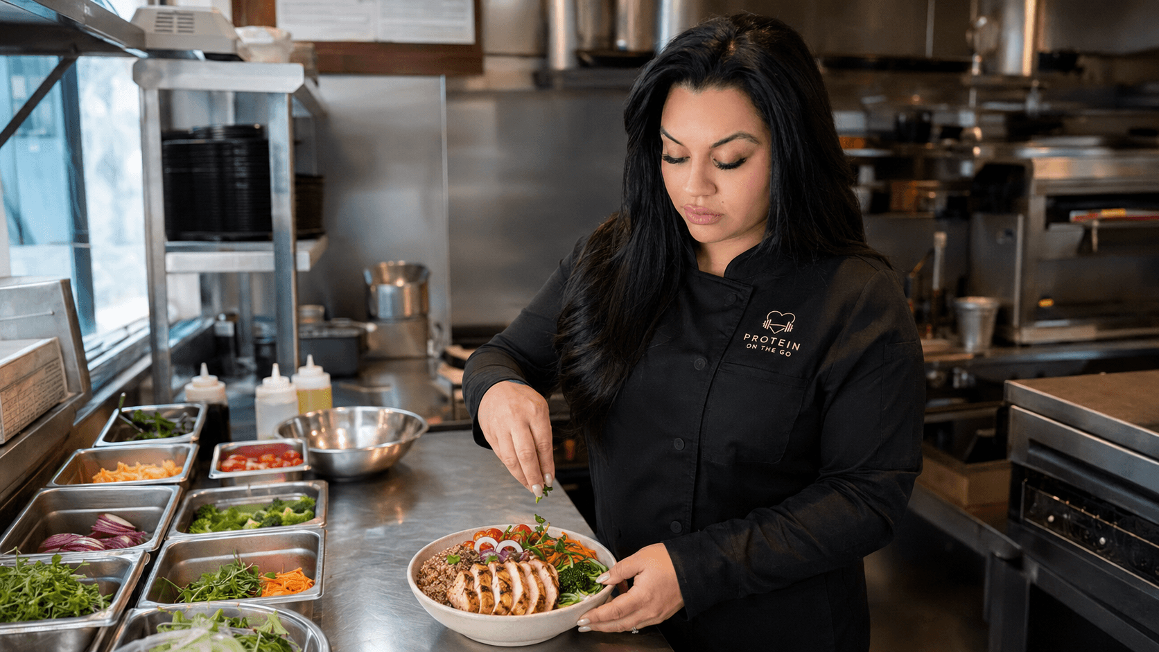 Nalleli, founder of Protein On The Go, finishing a chicken bowl in the kitchen