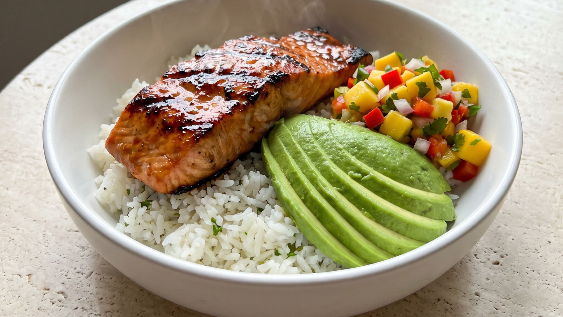 Teriyaki mango salmon bowl